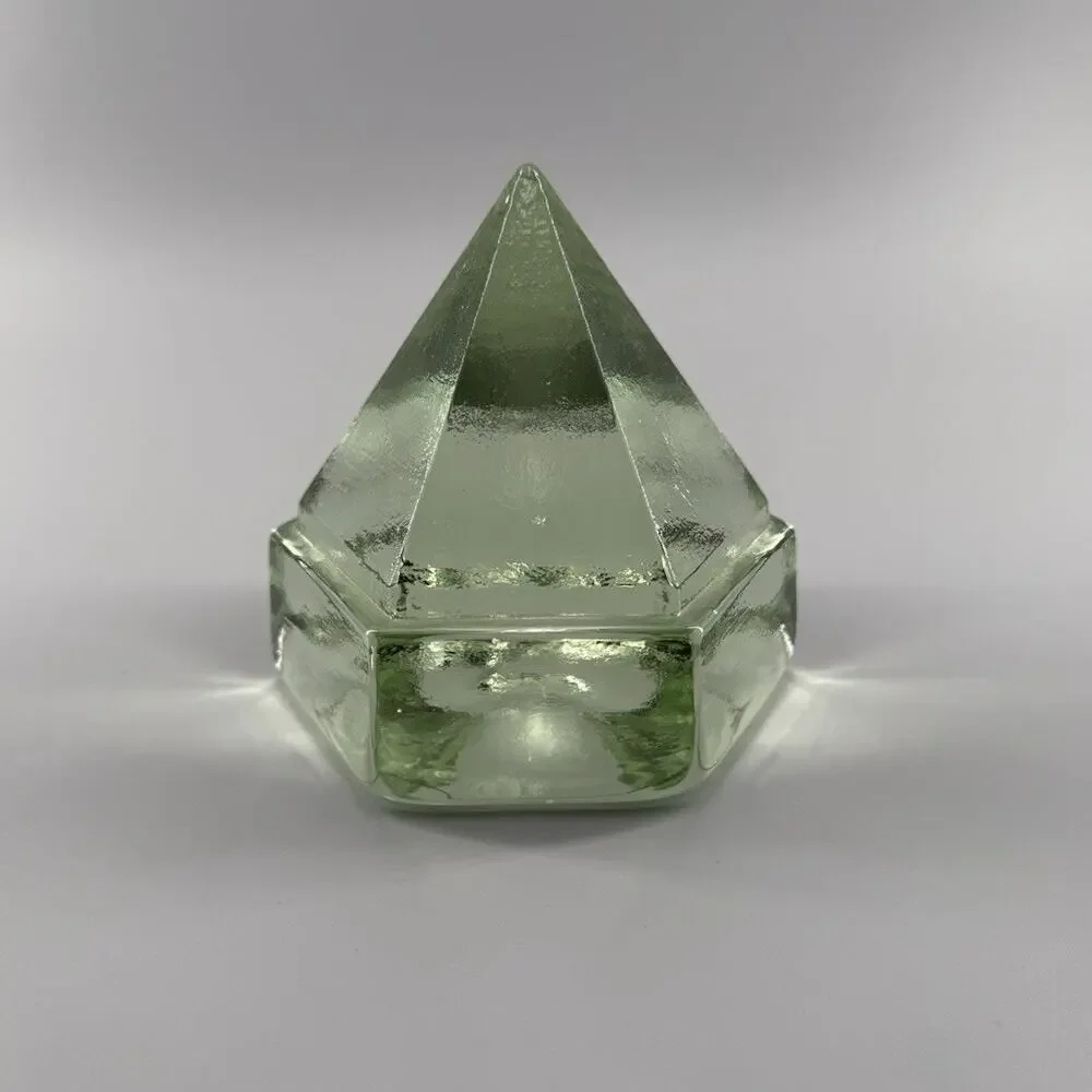 Vintage Green Glass Pyramid Paperweight Geometric Art Glass Sculpture Decor